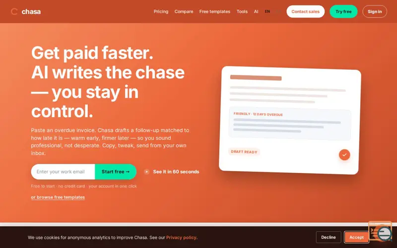 Screenshot of Chasa — AI invoice follow-up emails for freelancers, a launch using Chasa