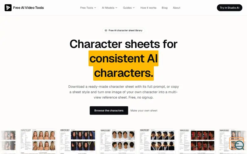 Screenshot of Free AI Character Sheets & Prompts