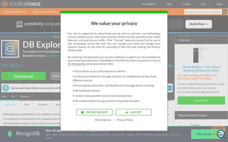 Screenshot of DB Explorer, a launch using SourceForge / Slashdot Media Ads