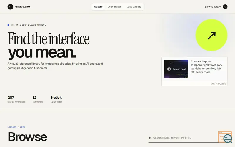 Screenshot of unslop.site — Interface References for Better AI Builds