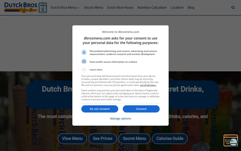 Screenshot of Dutch Bros Nutrition Calculator