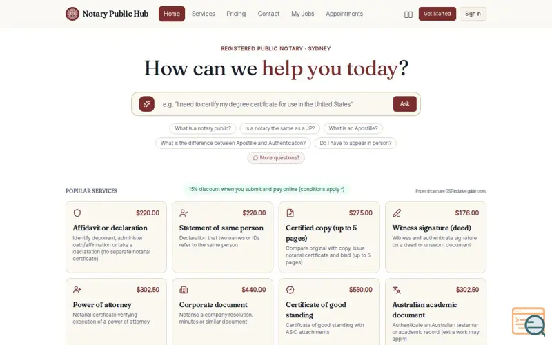 Screenshot of Notary Public Hub