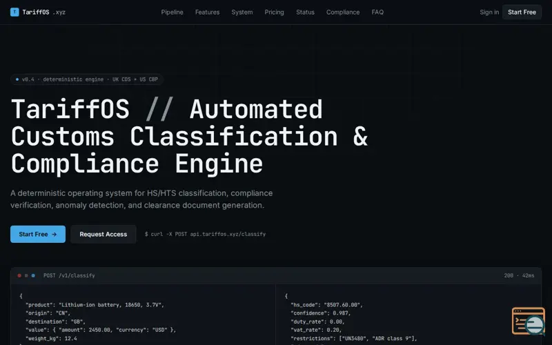 Screenshot of TariffOS Customs compliance engine