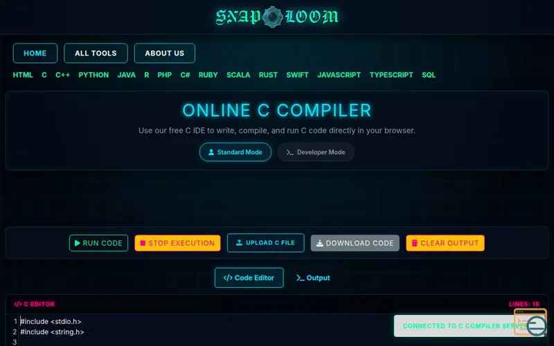 Screenshot of Online C Compiler, a launch using CodeMirror