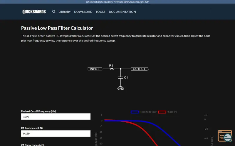 Screenshot of Passive Low Pass Filter Calculator, a launch using Paid Memberships Pro