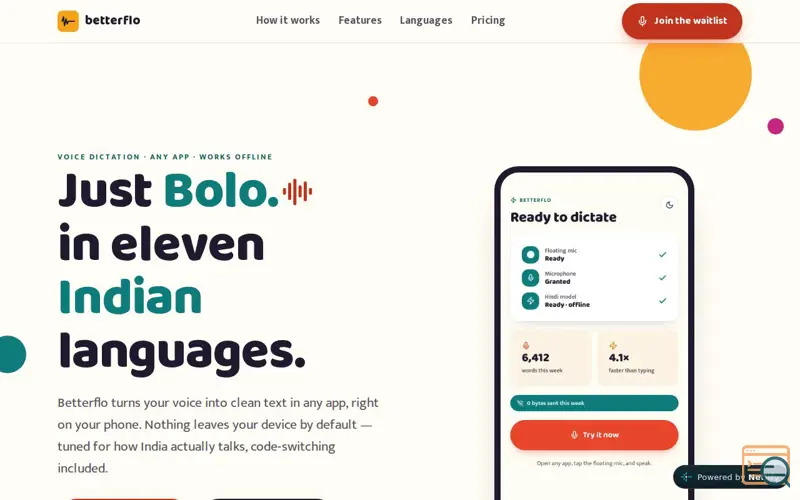 Screenshot of Betterflo — Private, on-device voice dictation for eleven Indian languages