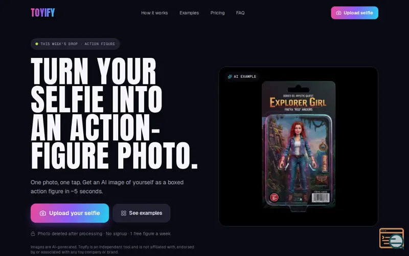 Screenshot of Toyify — Turn your selfie into an AI action figure
