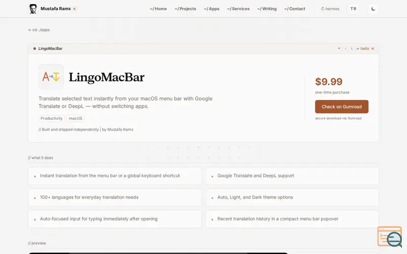 Screenshot of LingoMacBar: Mac Menu Bar Translator