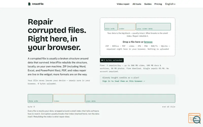 Screenshot of IntactFile — Repair Corrupted Files in Your Browser, No Upload