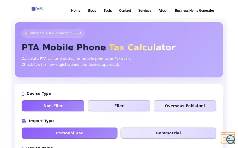 Screenshot of PTA Tax Calculator | free Tax Calculator