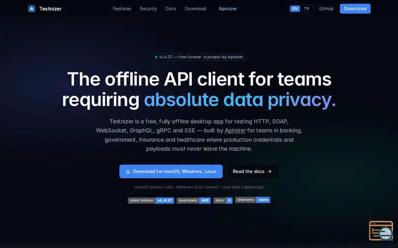 Screenshot of Testnizer — The offline API client, a launch using Natro Email