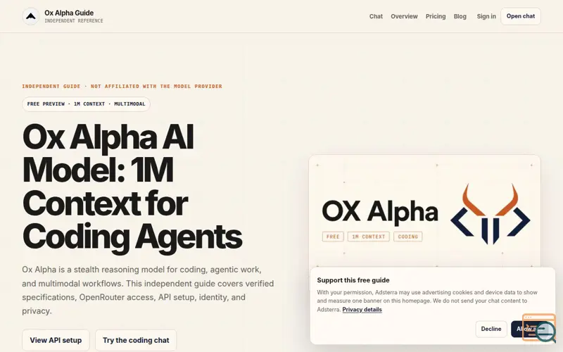 Screenshot of Ox Alpha AI — 1M Context, API & OpenRouter Guide