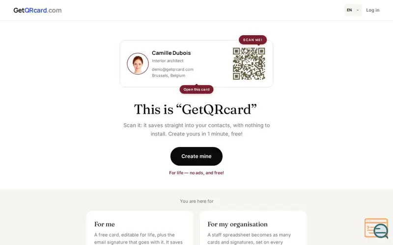 Screenshot of Email signature with QR code and digital business card — GetQRcard, a launch using QRious