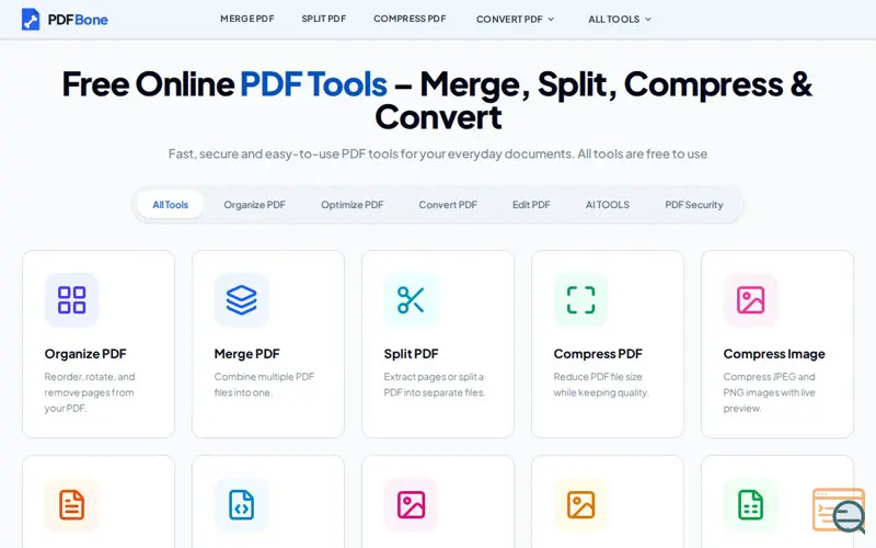 Screenshot of Free Online PDF Tools – Merge, Split, Compress, Convert | PDFBone