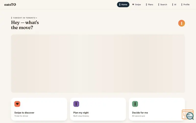 Screenshot of eatsTO — What's the move tonight?