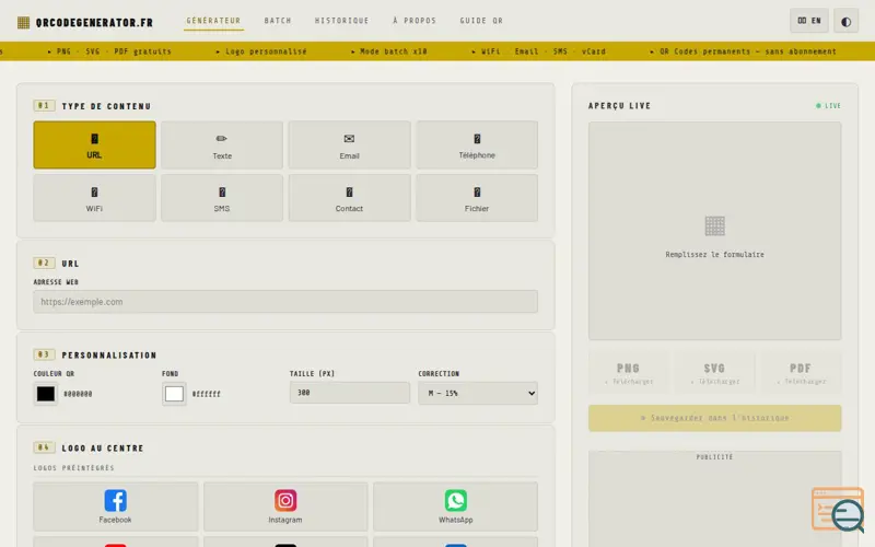 Screenshot of QR Code Generator — qrcodegenerator.fr