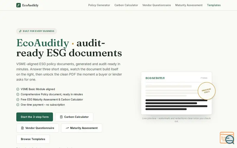 Screenshot of EcoAuditly – ESG Policy & VSME Compliance Document Generator for SMEs