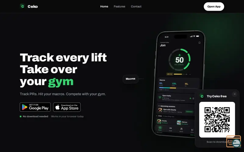 Screenshot of Ceko — Track every lift. Take over your gym.