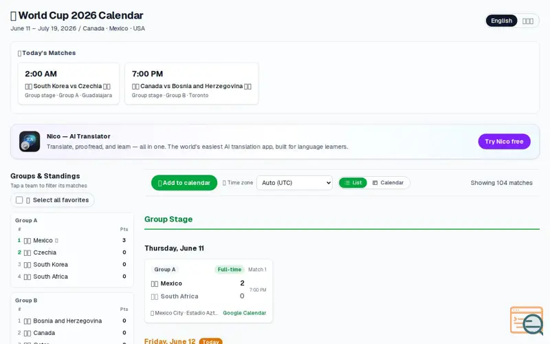 Screenshot of World Cup 2026 Calendar