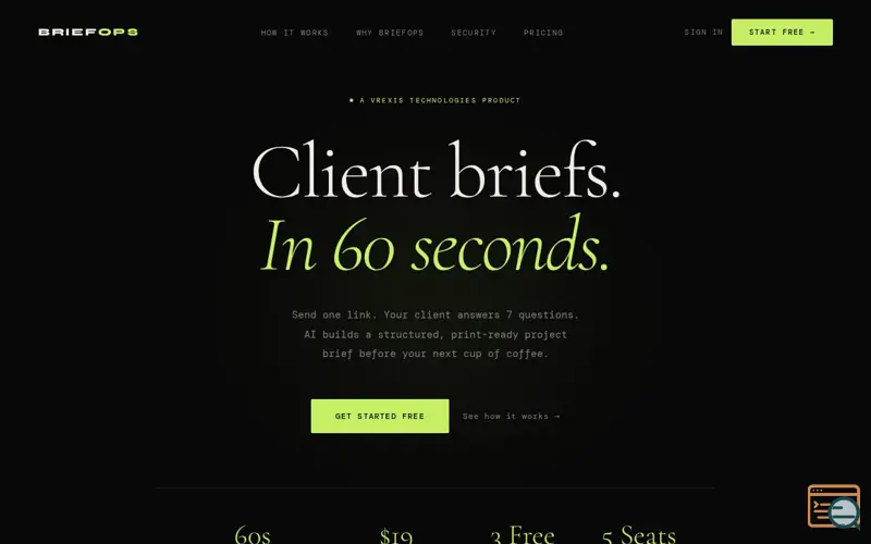 Screenshot of BriefOps — Client Briefs in 60 Seconds