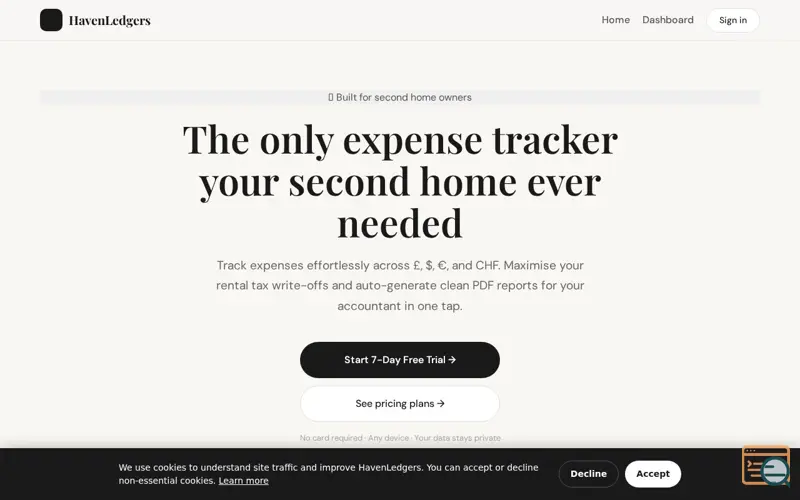 Screenshot of HavenLedgers • Second Home Tracker