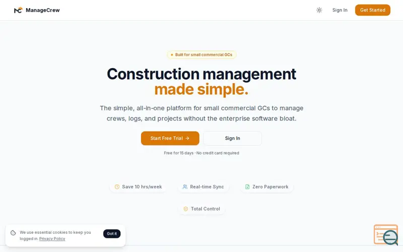 Screenshot of ManageCrew — Construction Management Made Simple