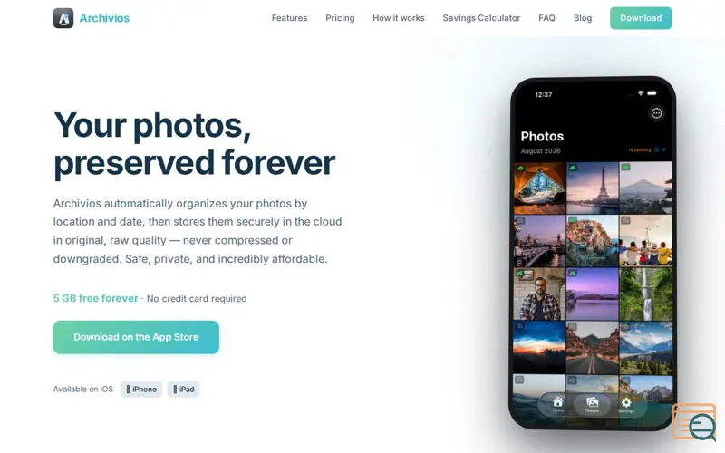 Screenshot of Archivios — Your photos, preserved forever