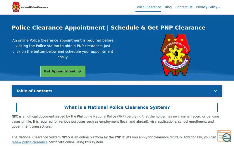 Screenshot of Police Clearance