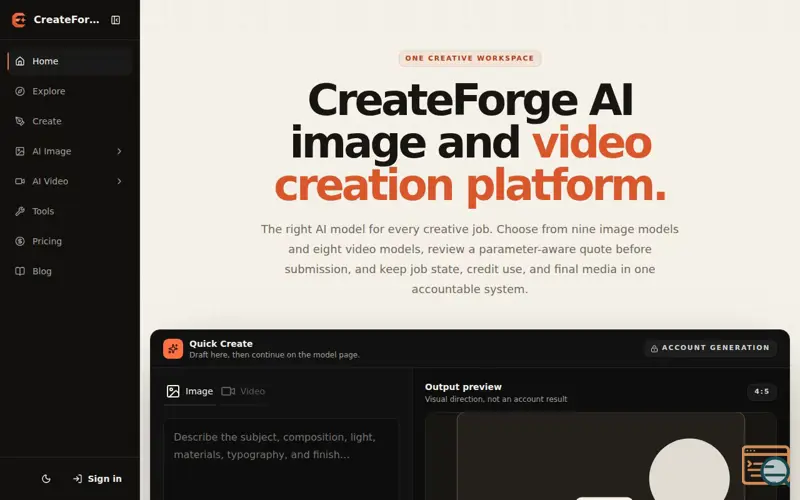Screenshot of CreateForge AI — AI Creation Platform