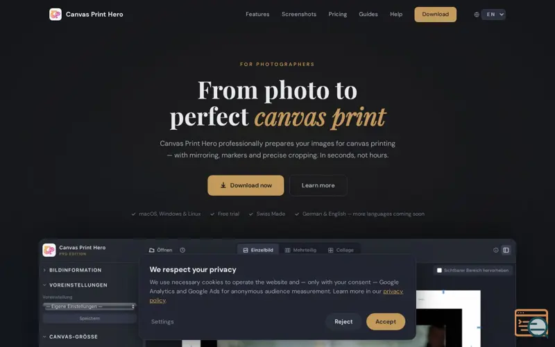 Screenshot of Canvas Print Hero