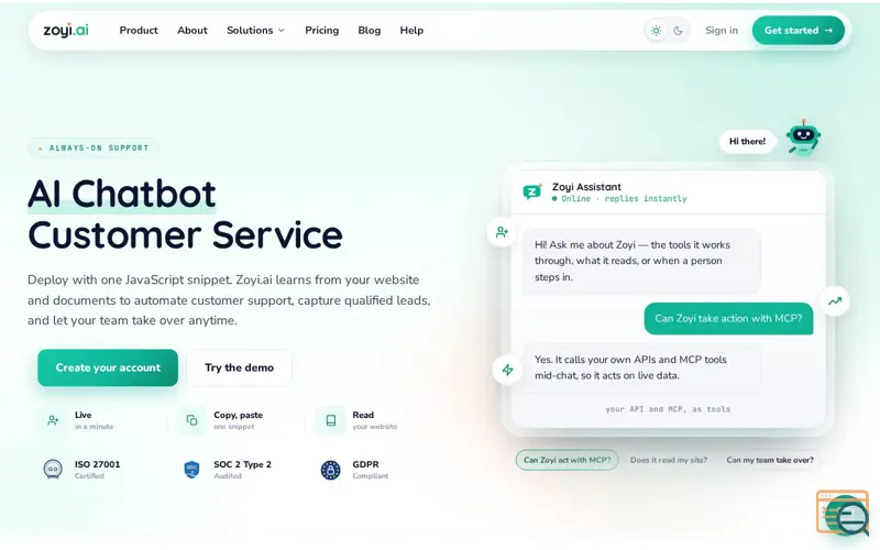 Screenshot of zoyi.ai — AI Chatbot for Customer Support & Business Automation