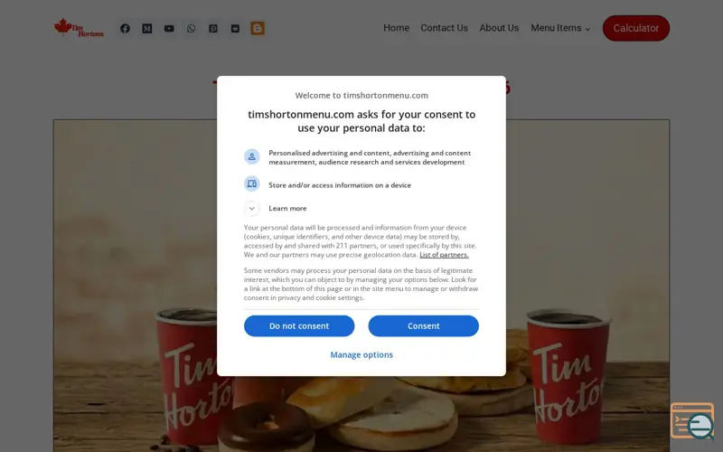 Screenshot of Tim Hortons Menu Canada 2026