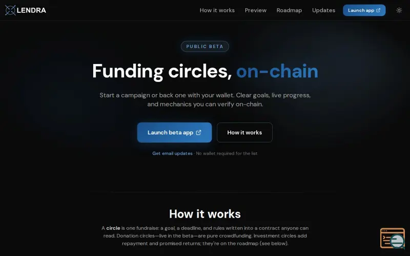 Screenshot of Lendra - Crowdfund Anything, On-Chain