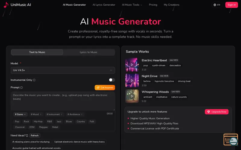 Screenshot of UniMusic AI, a launch using OpenNext
