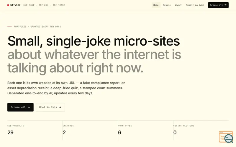 Screenshot of wtfvibe — one joke, one URL, one trend