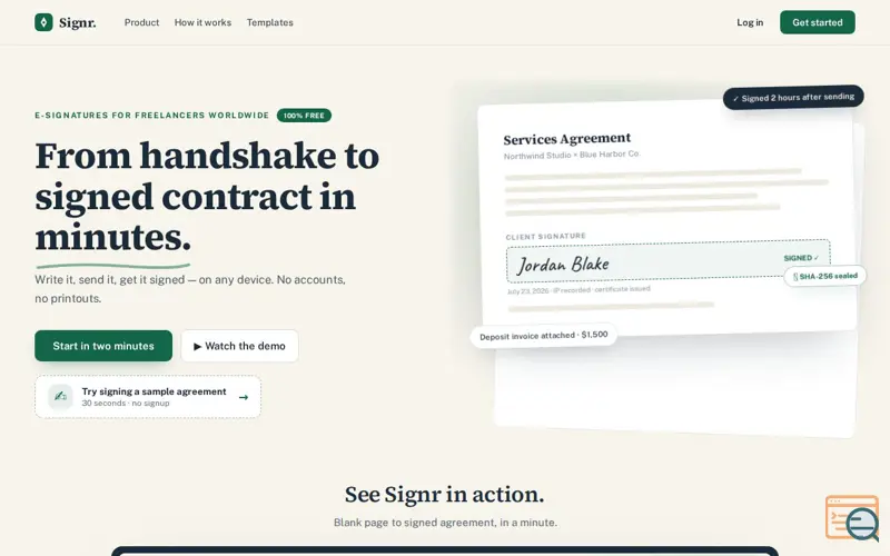Screenshot of Signr — E-signatures for India's freelancers & studios