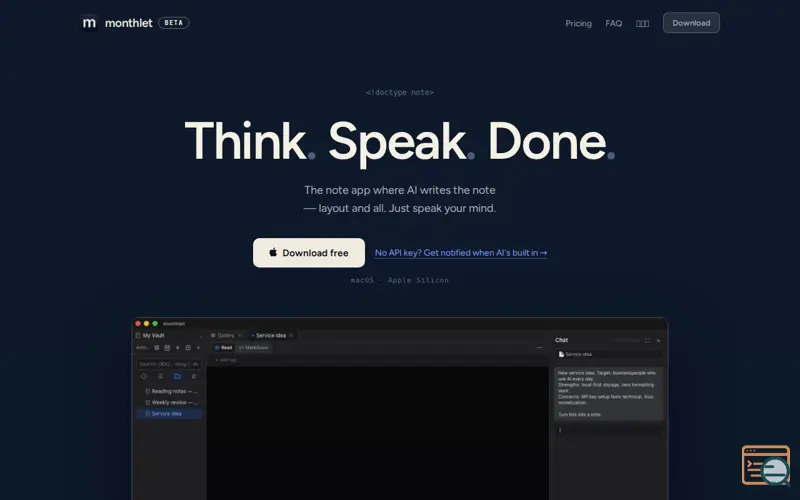 Screenshot of monthlet — AI note-taking app · Think. Speak. Done.