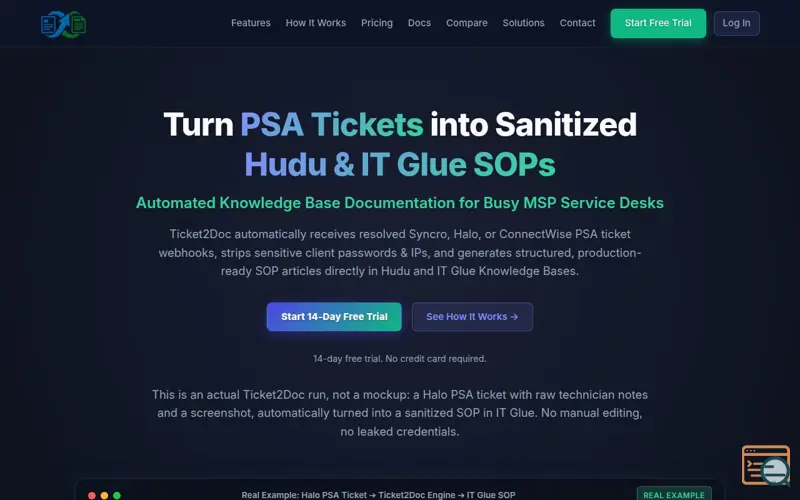 Screenshot of Ticket2Doc - Automated MSP SOP Generator for Syncro, Halo, ConnectWise, Hudu & IT Glue