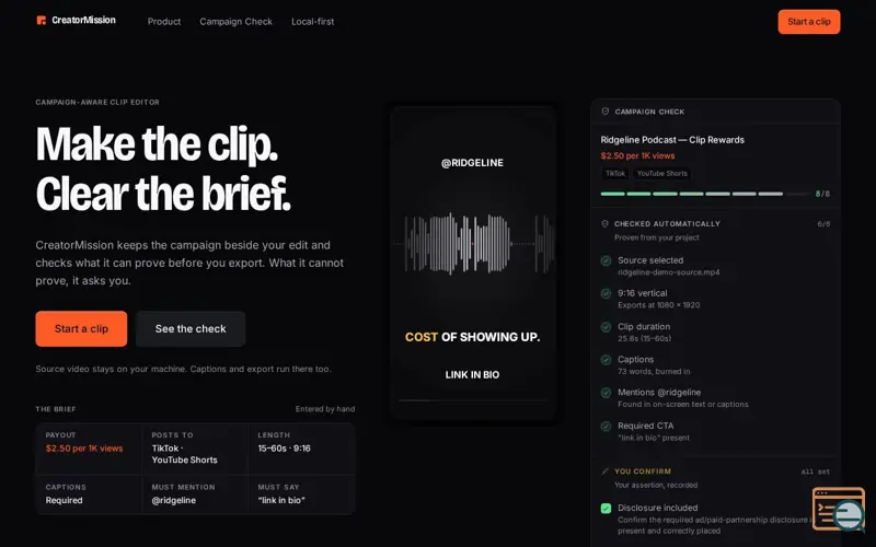 Screenshot of CreatorMission — Campaign-aware clip editor