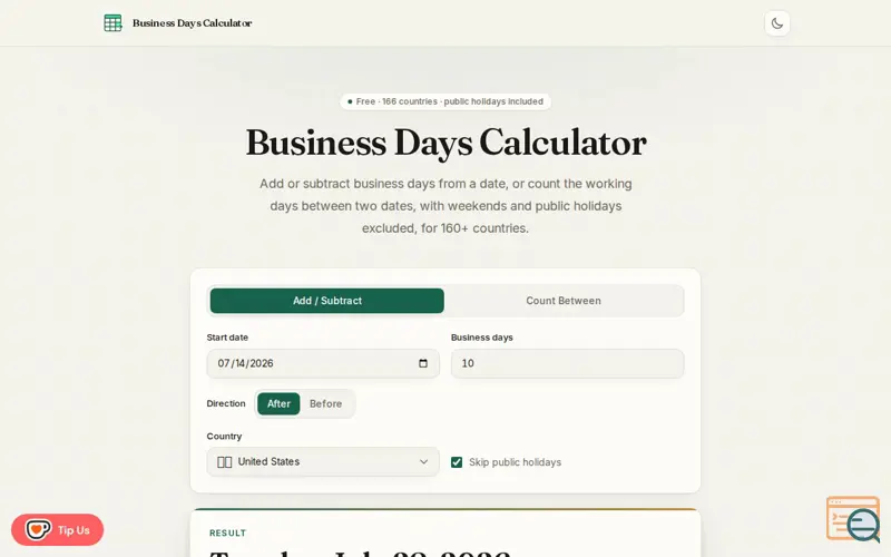 Screenshot of Business Days Calculator