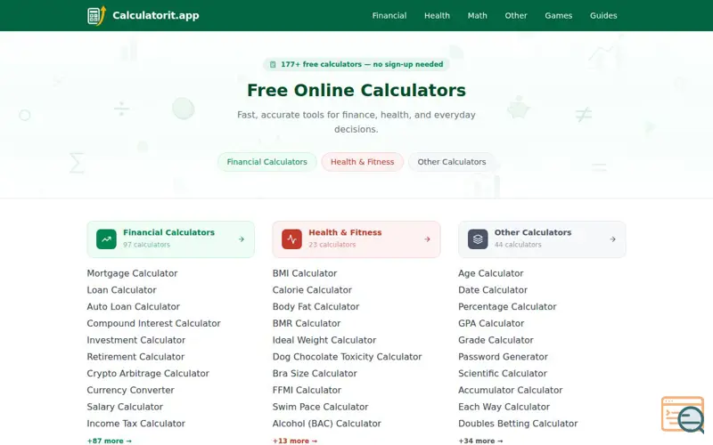 Screenshot of Calculatorit.app — Free Online Calculators for Finance, Health & More | Calculatorit.app