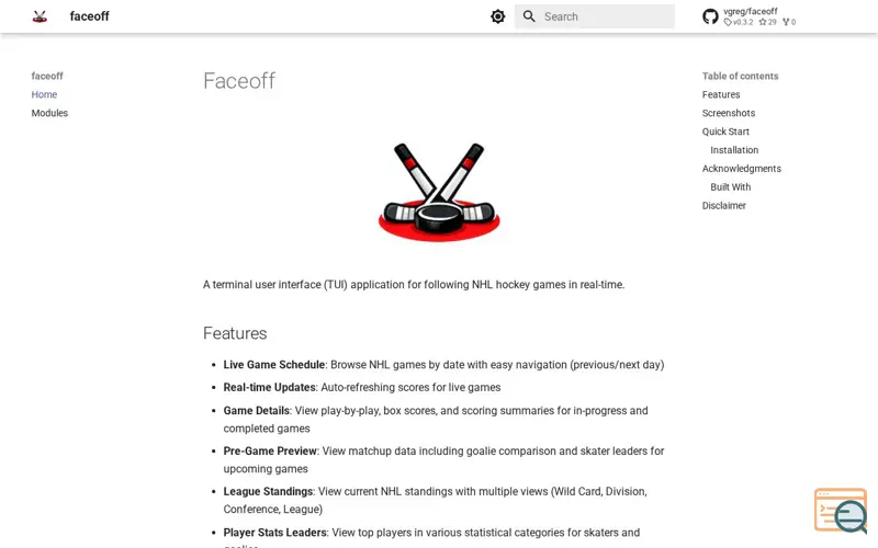 Screenshot of Faceoff, a launch using MkDocs