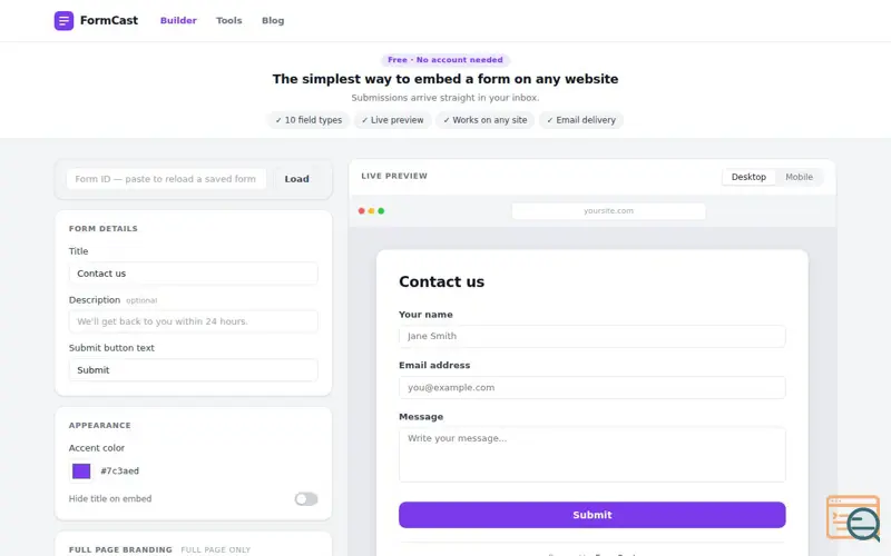 Screenshot of FormCast — Forms without accounts