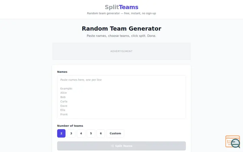 Screenshot of SplitTeams.com