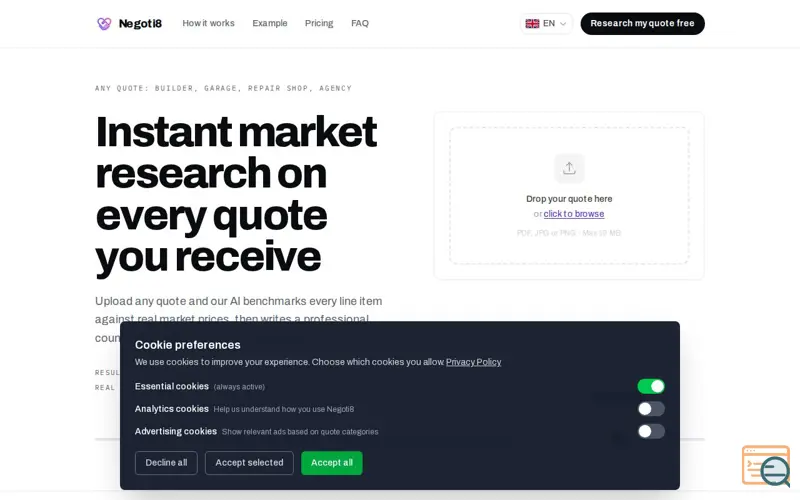 Screenshot of Negoti8 — Instant Market Research on Every Quote