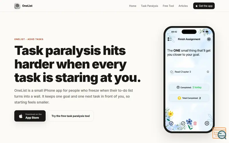 Screenshot of OneList for Task Paralysis