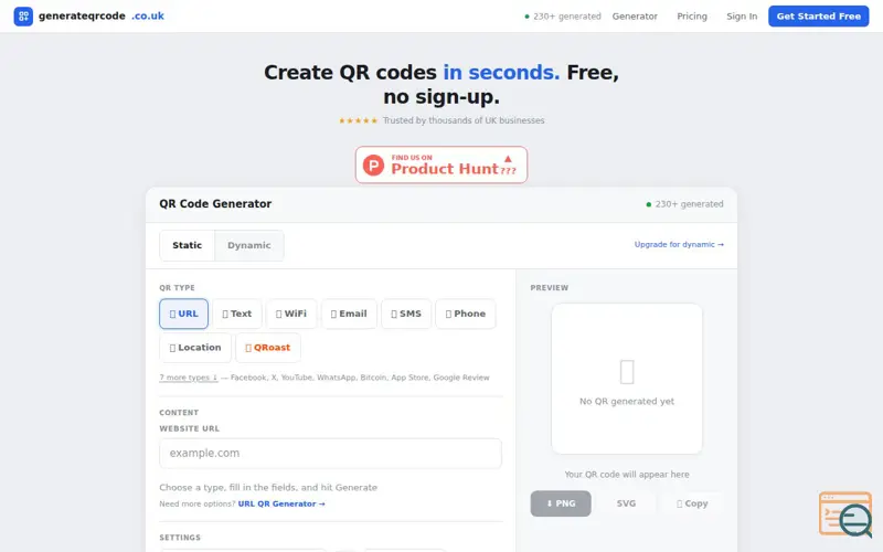 Screenshot of generateqrcode.co.uk