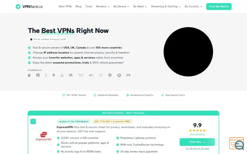 Screenshot of vpnrank.io, a launch using Impact