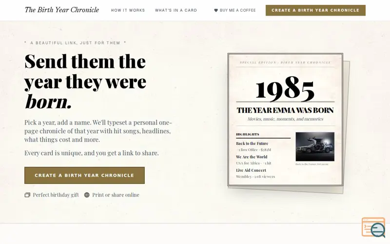 Screenshot of The Birth Year Chronicle