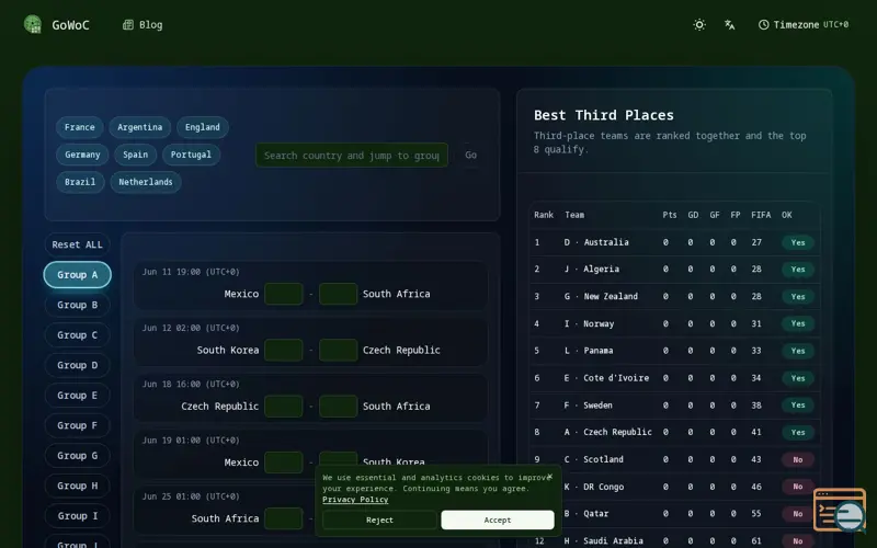 Screenshot of GoWoC | 2026 World Cup Calculator
